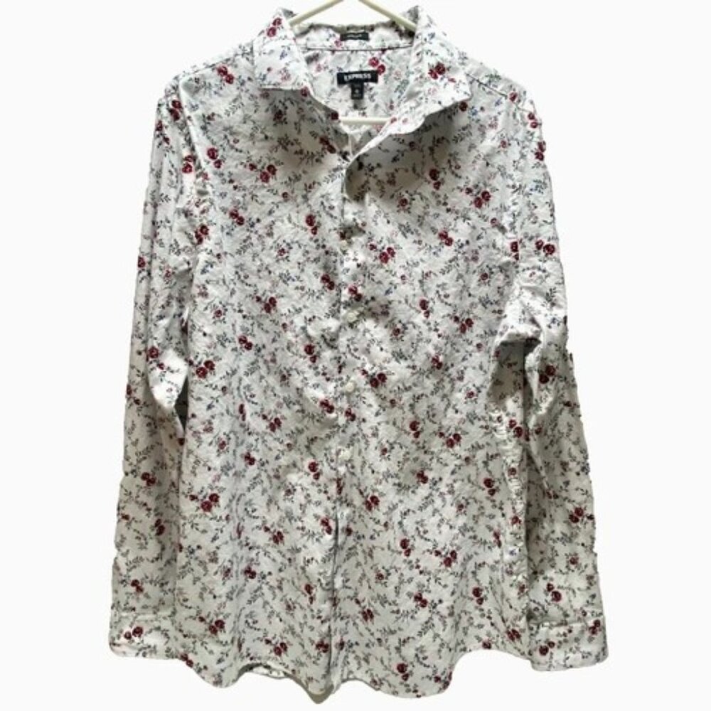 Express Button Up Shirt Men's XL White Red Rose Floral Print Extra Slim Fit EUC